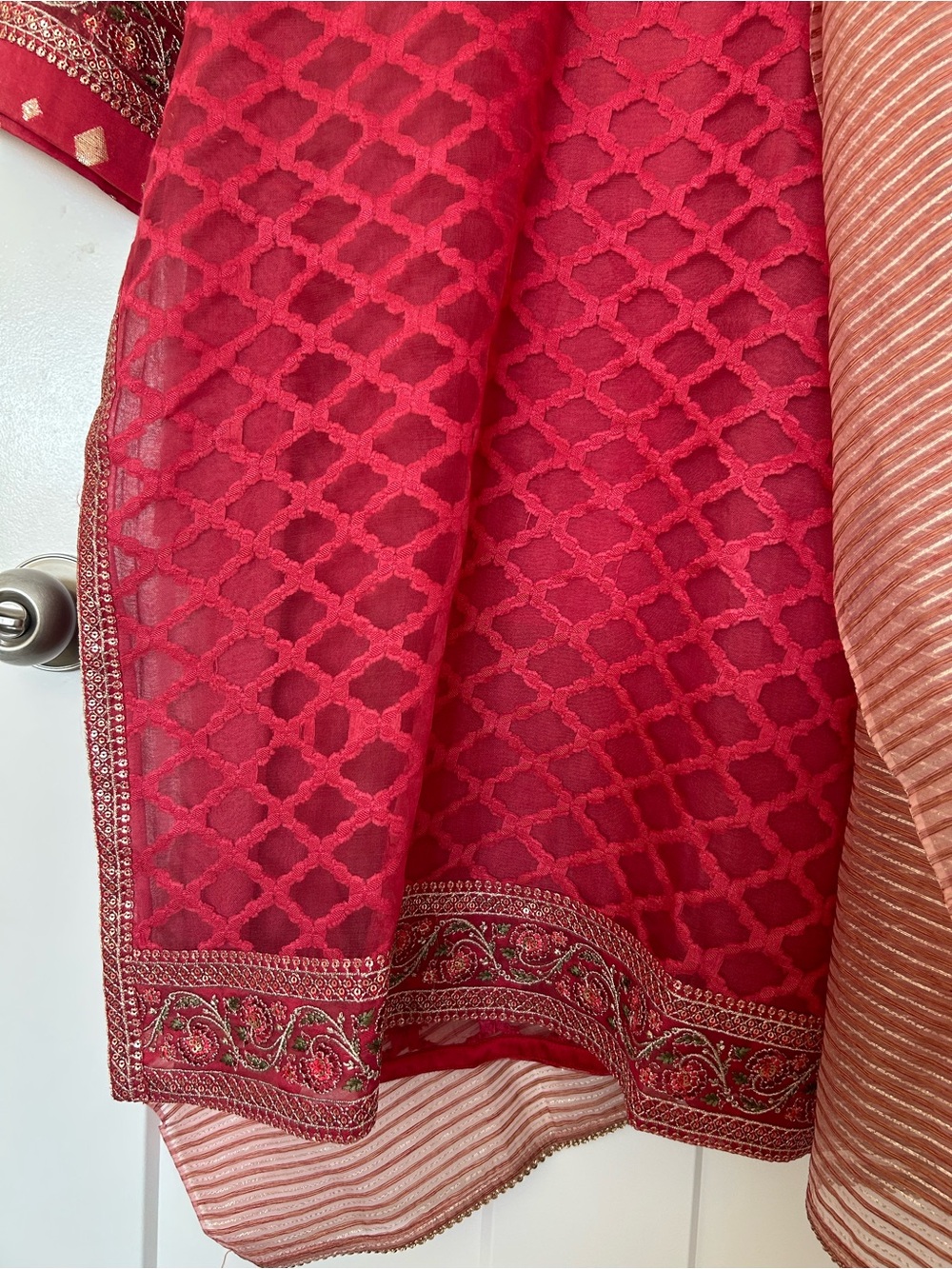 Embroidered Red Kurta Set with Striped dupatta - Picture 6 of 7